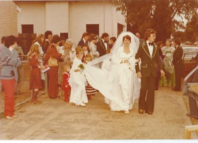 Colour photograph. Wedding of Les Toovey and Cheryl Hobbs. Les Toovey was a shearer in Kellerberrin Collections WA